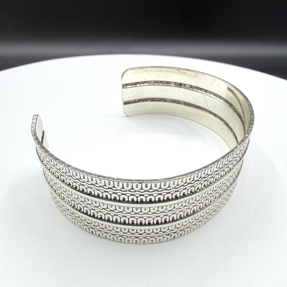 Silver Tone Wide Etched Cuff Bracelet Tribal Boho Textured Statement Jewelry